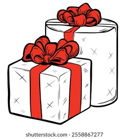 Gift box with ribbon bow vector icon. Christmas present, line drawing. Graphic illustration, print, banner, greeting card, poster, sign, symbol, ornament, holiday decor, birthday present