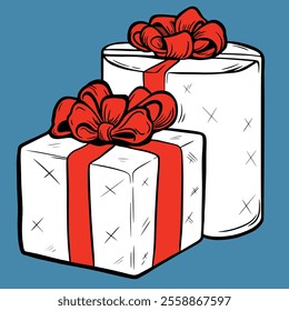 Gift box with ribbon bow vector icon. Christmas present, line drawing. Graphic illustration, print, banner, greeting card, poster, sign, symbol, ornament, holiday decor, birthday present