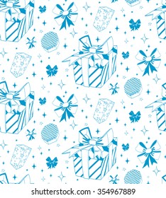 Gift box with ribbon and bow. Vector hand drawn seamless pattern