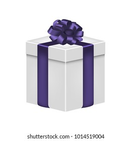 Gift box with ribbon and bow in violet color. Realistic giftbox. Vector illustration.
