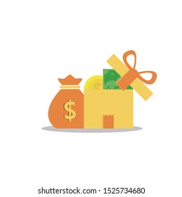 gift box with ribbon and bug, bonus money, earn points, loyalty program, win prize, cash back for purchase, birthday present, vector flat icon and white background