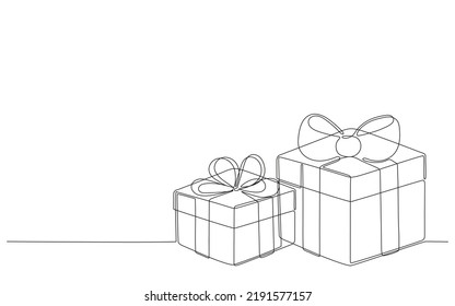 Gift box with ribbon for card, presentation on Christmas, birthday or holiday, continuous one art line drawing. Present box, wrapped package with ribbon bow. Surprise on party and celebration. Vector