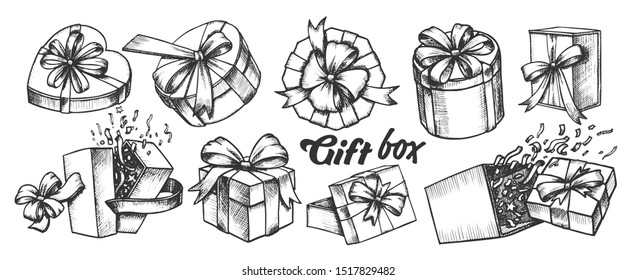 Gift Box With Ribbon Collection Vintage Set Vector. Different Form And Material Present Box. Ornament Festive Package Engraving Template Hand Drawn In Retro Style Monochrome Illustrations