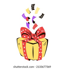 Caja de regalo con cinta de opciones y confeti, ilustración vectorial de dibujos animados planos aislada en fondo blanco. Casilla actual o sorpresa, regalo de cumpleaños o premio ganador.