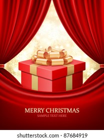 Gift box with ribbon and curtain. Vector background eps 10.