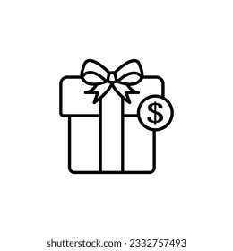 Gift box with ribbon and dollar coin sign, money prize, birthday present, bonus points, discount offer, vector mono line icon