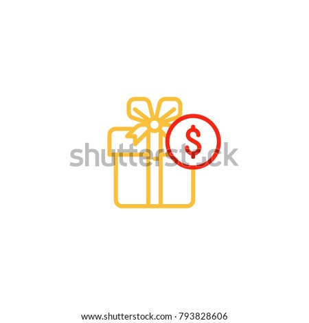 Gift box with ribbon and dollar coin sign, money prize, birthday present, bonus points, discount offer, vector mono line icon