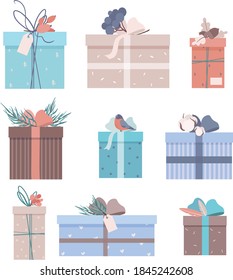 Gift box with ribbon and floral elements. Vector set in pastel bohemian style