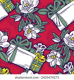 Caja de regalo, cinta y flores patrón de vector sin fisuras para el regalo de envoltura con arco, celebración de fiesta, promoción de ventas, impresión textil, diseño de tela, fondo de pancarta. Ilustración de estilo dibujado a mano.