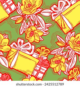 Gift box, ribbon and flowers seamless vector pattern for wrapping present with bow, party celebration, sale promotion, Textile print, fabric design, banner background. Hand drawn style illustration.