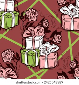 Gift box, ribbon and flowers seamless vector pattern for wrapping present with bow, party celebration, sale promotion, Textile print, fabric design, banner background. Hand drawn style illustration.