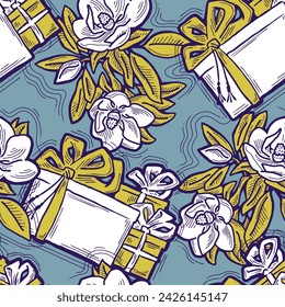 Gift box, ribbon and flowers seamless vector pattern for wrapping present with bow, party celebration, sale promotion, Textile print, fabric design, banner background. Hand drawn style illustration.