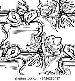 Caja de regalo, cinta y flores patrón de vector sin fisuras para el regalo de envoltura con arco, celebración de fiesta, promoción de ventas, impresión textil, diseño de tela, fondo de pancarta. Ilustración de estilo dibujado a mano.