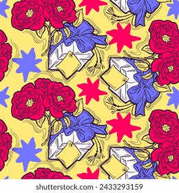 Gift box, ribbon and flowers seamless vector pattern for wrapping present with bow, party celebration, sale promotion, Textile print, fabric design, banner background. Hand drawn style illustration.