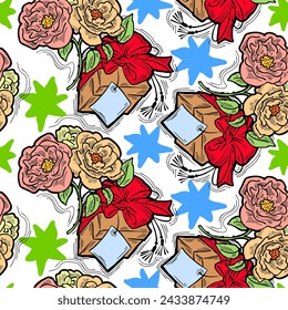 Gift box, ribbon and flowers seamless vector pattern for wrapping present with bow, party celebration, sale promotion, Textile print, fabric design, banner background. Hand drawn style illustration.