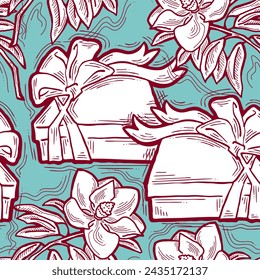 Gift box, ribbon and flowers seamless vector pattern for wrapping present with bow, party celebration, sale promotion, Textile print, fabric design, banner background. Hand drawn style illustration.
