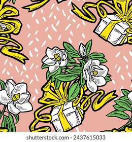 Gift box, ribbon and flowers seamless vector pattern for wrapping present with bow, party celebration, sale promotion, Textile print, fabric design, banner background. Hand drawn style illustration.