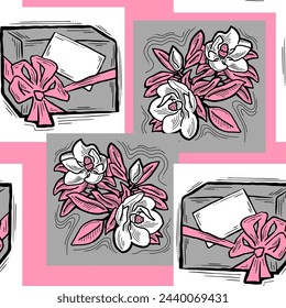 Gift box, ribbon and flowers seamless vector pattern for wrapping present with bow, party celebration, sale promotion, Textile print, fabric design, banner background. Hand drawn style illustration.