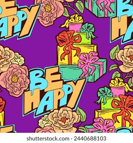 Gift box, ribbon and flowers seamless vector pattern for wrapping present with bow, party celebration, sale promotion, Textile print, fabric design, banner background. Hand drawn style illustration.