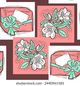 Gift box, ribbon and flowers seamless vector pattern for wrapping present with bow, party celebration, sale promotion, Textile print, fabric design, banner background. Hand drawn style illustration.