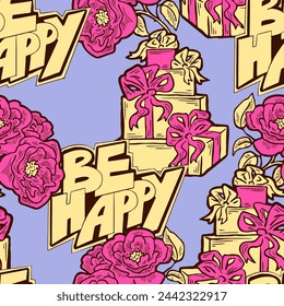 Gift box, ribbon and flowers seamless vector pattern for wrapping present with bow, party celebration, sale promotion, Textile print, fabric design, banner background. Hand drawn style illustration.