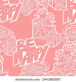 Gift box, ribbon and flowers seamless vector pattern for wrapping present with bow, party celebration, sale promotion, Textile print, fabric design, banner background. Hand drawn style illustration.