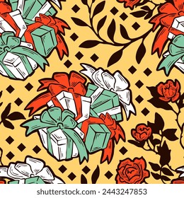 Gift box, ribbon and flowers seamless vector pattern for wrapping present with bow, party celebration, sale promotion, Textile print, fabric design, banner background. Hand drawn style illustration.