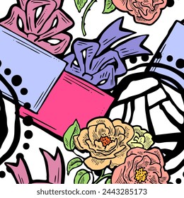 Gift box, ribbon and flowers seamless vector pattern for wrapping present with bow, party celebration, sale promotion, Textile print, fabric design, banner background. Hand drawn style illustration.