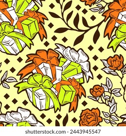 Gift box, ribbon and flowers seamless vector pattern for wrapping present with bow, party celebration, sale promotion, Textile print, fabric design, banner background. Hand drawn style illustration.