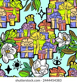 Gift box, ribbon and flowers seamless vector pattern for wrapping present with bow, party celebration, sale promotion, Textile print, fabric design, banner background. Hand drawn style illustration.