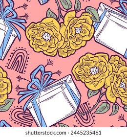 Gift box, ribbon and flowers seamless vector pattern for wrapping present with bow, party celebration, sale promotion, Textile print, fabric design, banner background. Hand drawn style illustration.