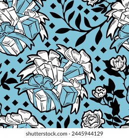 Gift box, ribbon and flowers seamless vector pattern for wrapping present with bow, party celebration, sale promotion, Textile print, fabric design, banner background. Hand drawn style illustration.