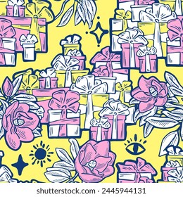 Gift box, ribbon and flowers seamless vector pattern for wrapping present with bow, party celebration, sale promotion, Textile print, fabric design, banner background. Hand drawn style illustration.