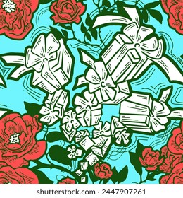 Gift box, ribbon and flowers seamless vector pattern for wrapping present with bow, party celebration, sale promotion, Textile print, fabric design, banner background. Hand drawn style illustration.