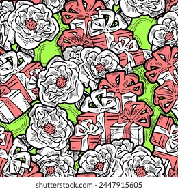 Gift box, ribbon and flowers seamless vector pattern for wrapping present with bow, party celebration, sale promotion, Textile print, fabric design, banner background. Hand drawn style illustration.
