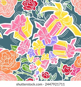 Geschenkbox, Band und Blumen nahtlose Vektorgrafik Muster für das Verpacken Geschenk mit Schleife, Party-Feier, Verkaufsförderung, Textildruck, Stoffdesign, Banner Hintergrund. Handgezeichnete Stildarstellung.