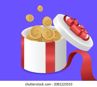 A gift box with a ribbon full of coins illustration set. Coupons, money, events, boxes, gifts, 3d. Vector drawing. Hand drawn style.