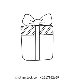 Gift box with ribbon. Hand drawn doodle sketch. Isolated holiday item. Vector image.