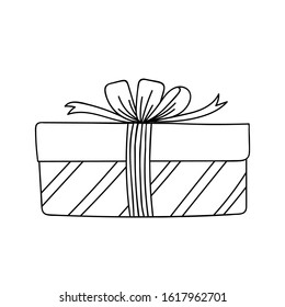 Gift box with ribbon. Hand drawn doodle sketch. Isolated holiday item. Vector image.