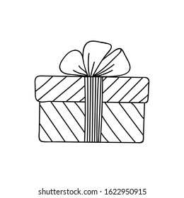 Gift box with ribbon. Hand drawn doodle sketch. Isolated holiday item. Vector image.