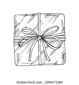 Gift box with ribbon. Hand drawn doodle sketch. Isolated holiday items. Vector image.
