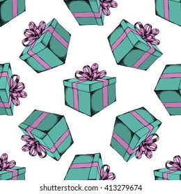 Gift box with ribbon. Hand drawn vector stock illustration. Seamless background pattern