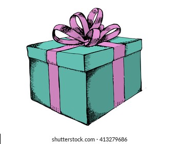 Gift box with ribbon. Hand drawn vector stock illustration
