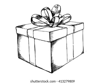 Gift box with ribbon. Hand drawn vector stock illustration