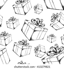 Gift box with ribbon. Hand drawn vector stock illustration. Seamless background pattern
