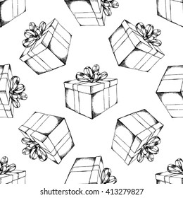 Gift box with ribbon. Hand drawn vector stock illustration. Seamless background pattern