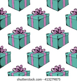 Gift box with ribbon. Hand drawn vector stock illustration. Seamless background pattern