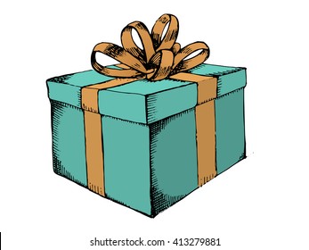 Gift Box With Ribbon. Gift Icon. Hand Drawn Gift Box. Green Gift Box. Hand Drawn Vector Stock Illustration