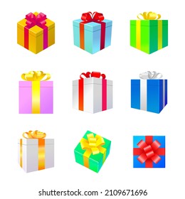 Gift Box Ribbon Icon Set Color Vector Logo 3d Isometric Perspective. Isolated Realistic Wrapped Bow Giftbox On White Background. Celebration Birthday Holidays Date Present Concept Design.