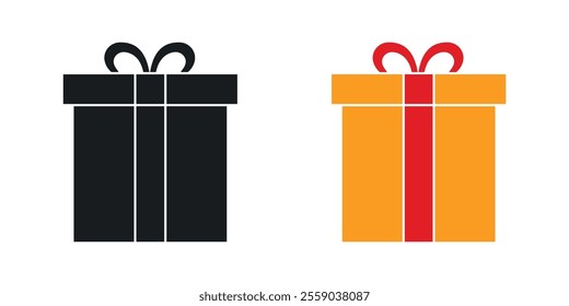 Gift box with ribbon icons in black and colored version